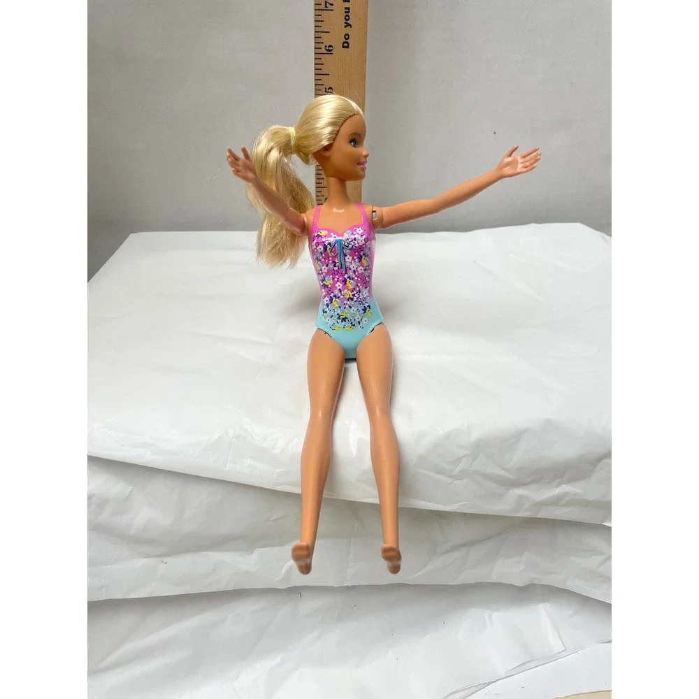 Mattel Barbie Doll 2019 Molded Pink Floral Swimsuit Blonde Hair Blue Eyes 11.5in